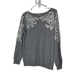Rain & Rose Angora Blend Puff Sleeve Sweater Size M Gray Floral Embroidery